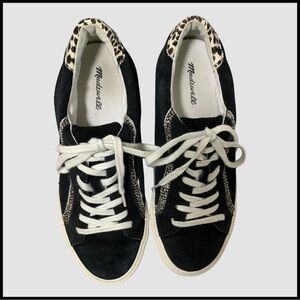 Madewell Black Suede Leopard Calf Hair Accent Lace Up Sneakers Women, 9
